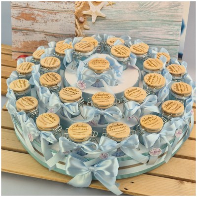 Torta Bomboniera Battesimo Bimbo "Eco-Chic" Barattoli Vetro Ermetici con Tappo Legno Personalizzato-Nara Bomboniere
