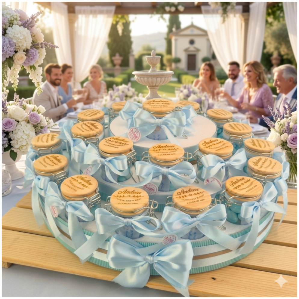 Torta Bomboniera Battesimo Bimbo "Eco-Chic" Barattoli Vetro Ermetici con Tappo Legno Personalizzato