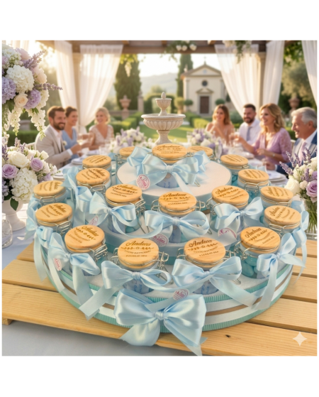 Torta Bomboniera Battesimo Bimbo "Eco-Chic" Barattoli Vetro Ermetici con Tappo Legno Personalizzato