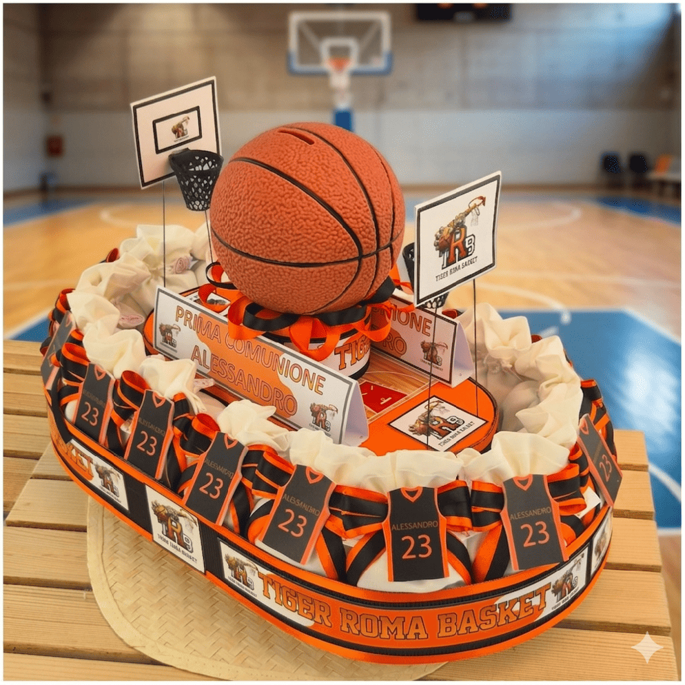Torta Bomboniera Comunione La Tua Squadra di Basket con Maglia Personalizzata e Pallone Salvadanaio