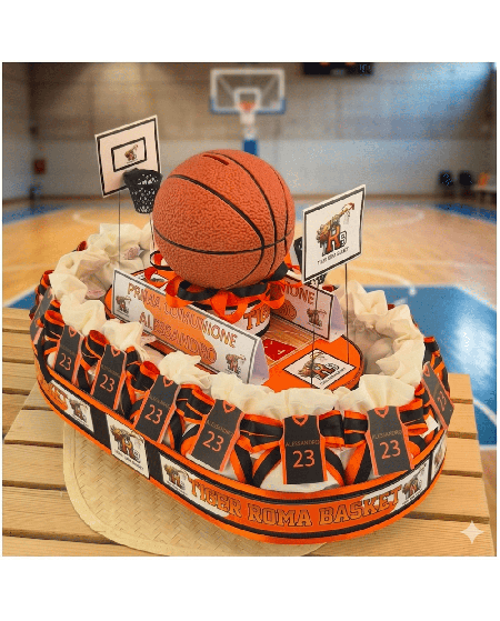 Torta Bomboniera Comunione "La Tua Squadra di Basket" con Maglia Personalizzata e Pallone Salvadanaio