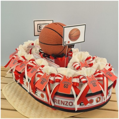 Bomboniere Etrusca Basket Biancorossa con Maglia e Pallone Salvadanaio-Nara Bomboniere