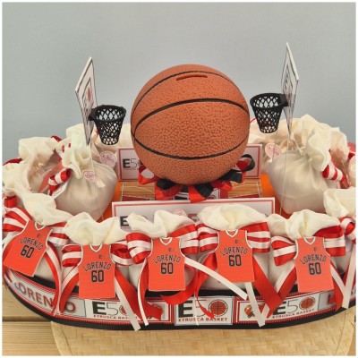 Bomboniere Etrusca Basket Biancorossa con Maglia e Pallone Salvadanaio-Nara Bomboniere