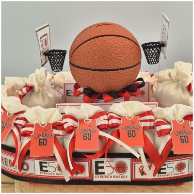 Bomboniere Etrusca Basket Biancorossa con Maglia e Pallone Salvadanaio-Nara Bomboniere