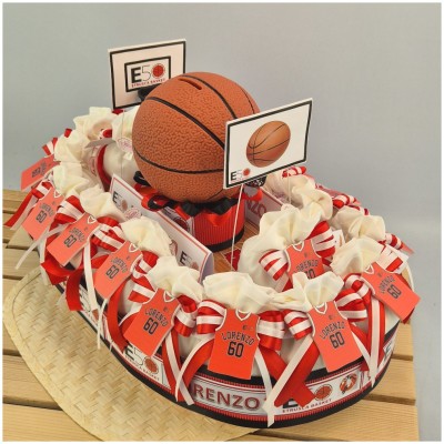 Bomboniere Etrusca Basket Biancorossa con Maglia e Pallone Salvadanaio-Nara Bomboniere