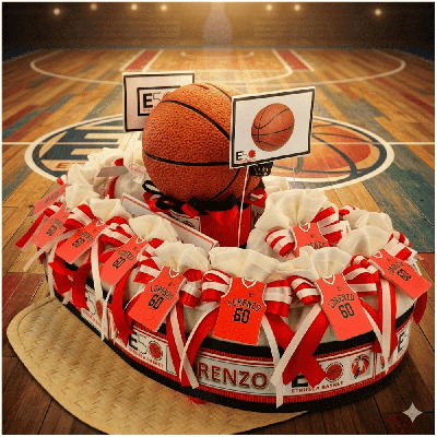 Bomboniere Etrusca Basket Biancorossa con Maglia e Pallone Salvadanaio