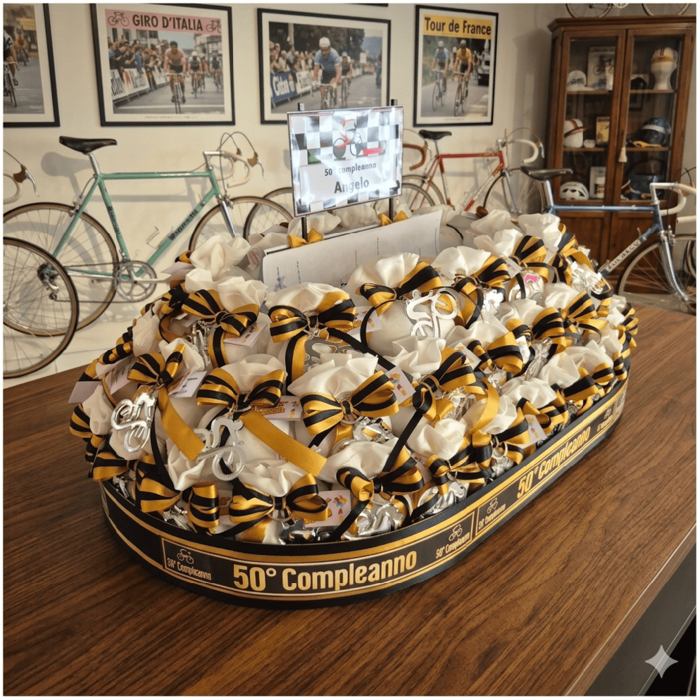 Torta Bomboniera 50° Compleanno "Passione Ciclismo" con Portachiavi Bici e Targa Plexiglass
