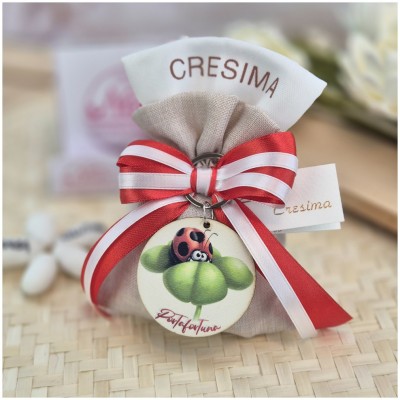 Bomboniera Cresima Sacchettino ricamato con portachiavi coccinella-Nara Bomboniere