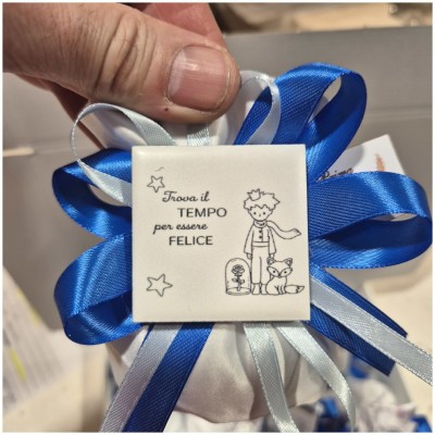 Bomboniera Battesimo e Comunione Sacchetto Piccolo Principe con Frase e Nastro Blu Royal