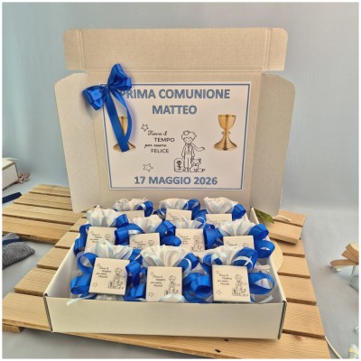 Bomboniera Battesimo e Comunione Sacchetto Piccolo Principe con Frase e Nastro Blu Royal