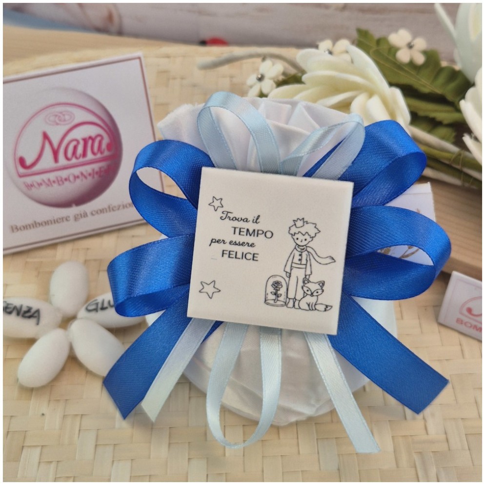 Bomboniera Battesimo e Comunione Sacchetto Piccolo Principe con Frase e Nastro Blu Royal