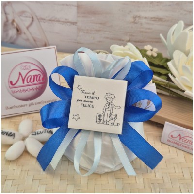 Bomboniera Battesimo e Comunione Sacchetto Piccolo Principe con Frase e Nastro Blu Royal
