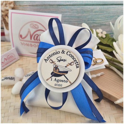 Bomboniera Matrimonio Marina Militare Sacchetto Raso con Medaglione Personalizzato e Nastro Blu