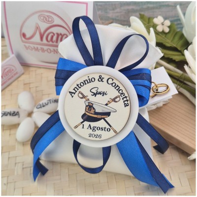 Bomboniera Matrimonio Marina Militare Sacchetto Raso con Medaglione Personalizzato e Nastro Blu