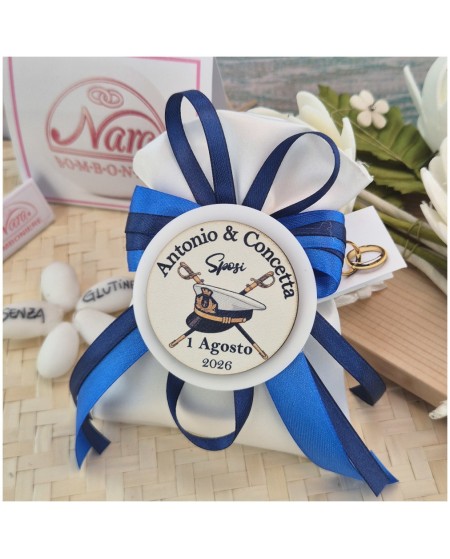 Bomboniera Matrimonio Marina Militare Sacchetto Raso con Medaglione Personalizzato e Nastro Blu