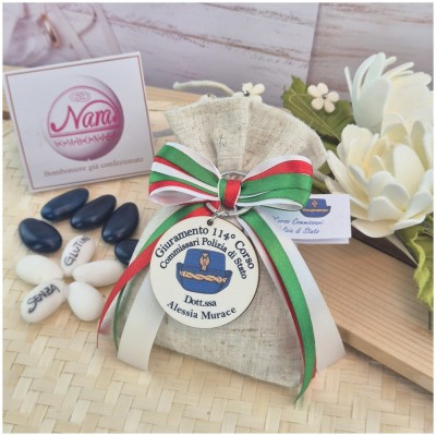 Bomboniera Giuramento Polizia di Stato Sacchetto con Portachiavi Legno e Nastro Tricolore