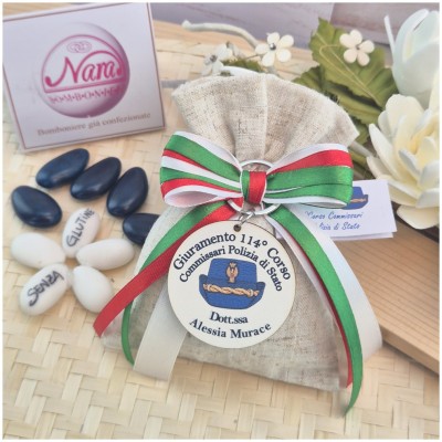 Bomboniera Giuramento Polizia di Stato Sacchetto con Portachiavi Legno e Nastro Tricolore