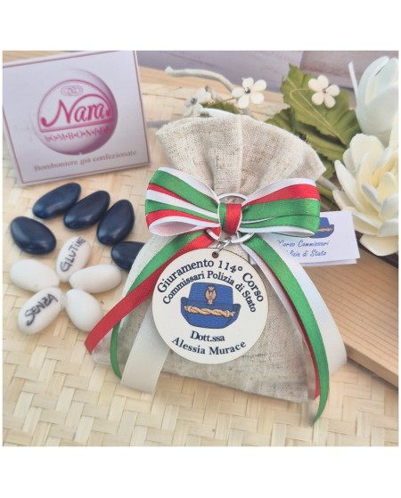 Bomboniera Giuramento Polizia di Stato Sacchetto con Portachiavi Legno e Nastro Tricolore