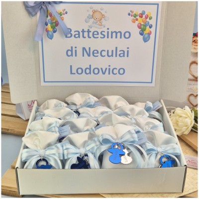 Bomboniera Battesimo Gemelli Sacchetto con ciuccio doppio