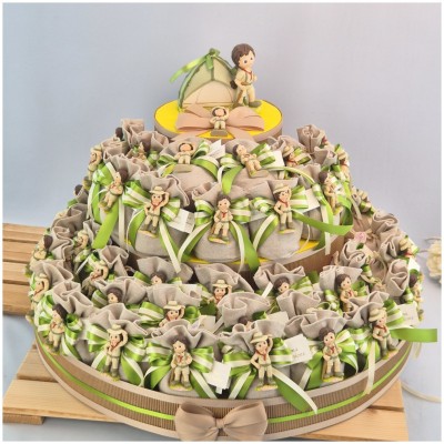 Torta Bomboniera Comunione "Piccolo Scout" Tema Bosco con Statuine e Tenda Campeggio