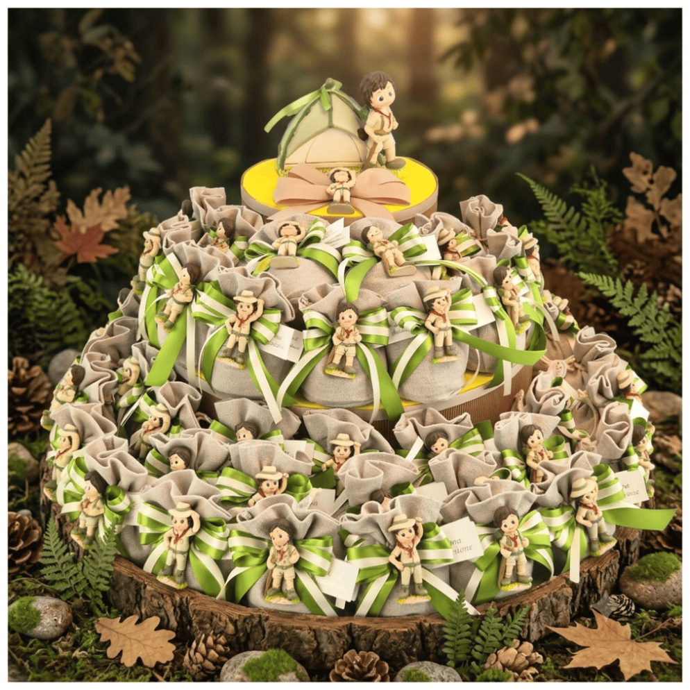 Torta Bomboniera Comunione Piccolo Scout Tema Bosco con Statuine e Tenda Campeggio