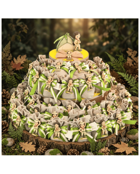 Torta Bomboniera Comunione Piccolo Scout Tema Bosco con Statuine e Tenda Campeggio