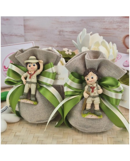 Bomboniera Comunione Bimbo Sacchetto Lino "Piccolo Scout" con Statuina Esploratore