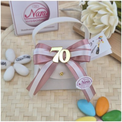 Bomboniera 70° Compleanno Scatolina "Borsetta Chic" con Numero Oro e Nastro Rosa Antico