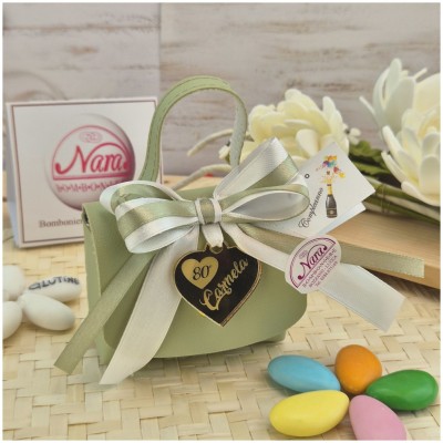 Bomboniera 80° Compleanno Scatolina "Borsetta" Verde Salvia con Cuore Specchiato Oro