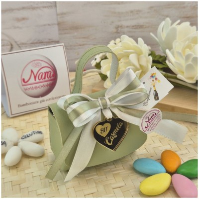 Bomboniera 80° Compleanno Scatolina "Borsetta" Verde Salvia con Cuore Specchiato Oro