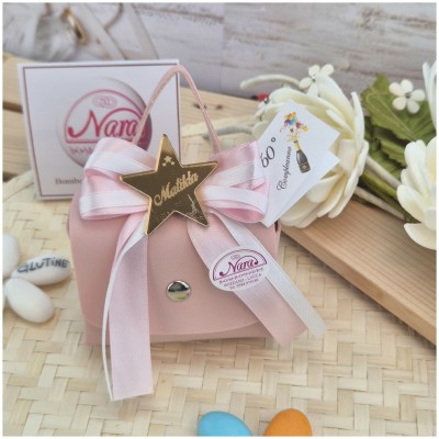 Bomboniera Compleanno e Battesimo Scatolina "Borsetta" Rosa con Stella Oro Specchiato e Nome