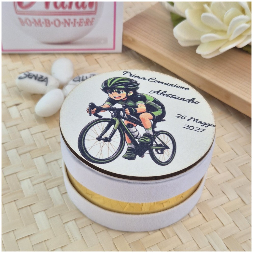 Bomboniera Ciclismo Scatolina Effetto Velluto con Tappo Legno Stampato Personalizzato-Nara Bomboniere