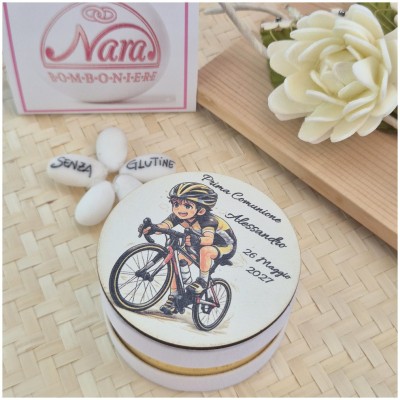 Bomboniera Ciclismo Scatolina Effetto Velluto con Tappo Legno Stampato Personalizzato-Nara Bomboniere