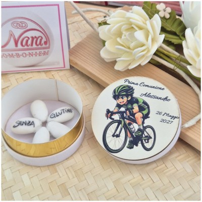 Bomboniera Ciclismo Scatolina Effetto Velluto con Tappo Legno Stampato Personalizzato-Nara Bomboniere