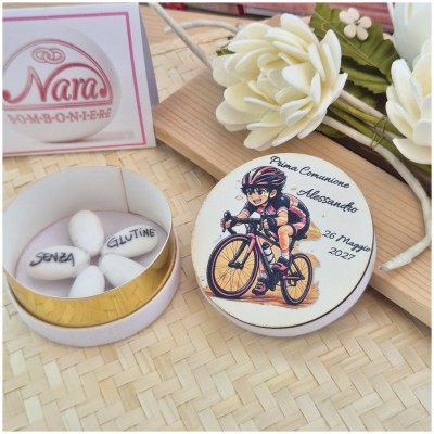 Bomboniera Ciclismo Scatolina Effetto Velluto con Tappo Legno Stampato Personalizzato-Nara Bomboniere