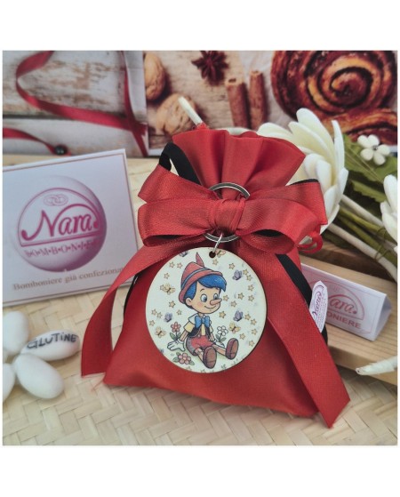 Bomboniera a tema Pinocchio Sacchettino Rosso con portachiavi personalizzato