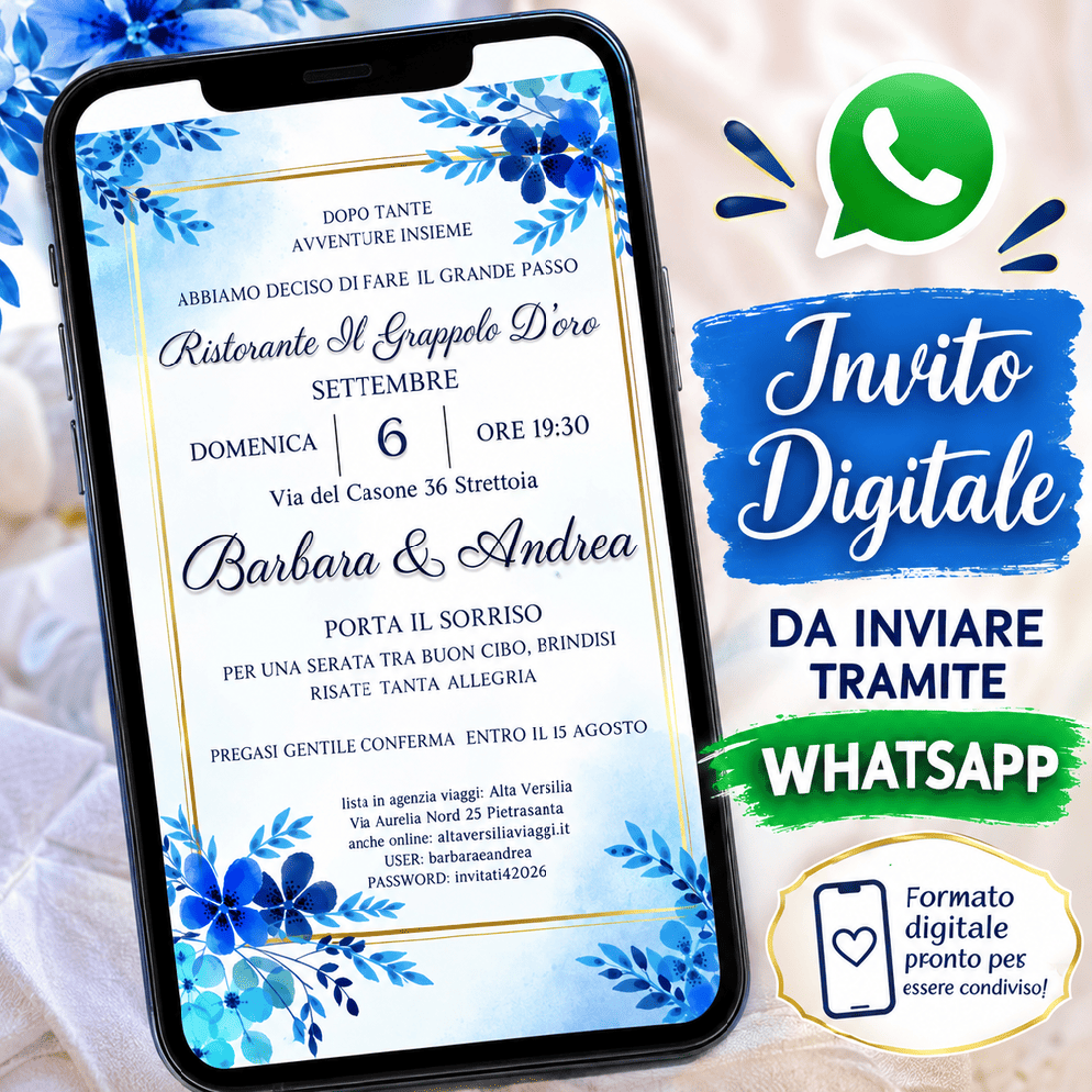 Partecipazioni Matrimonio Digitali Invito WhatsApp Blu Personalizzato
