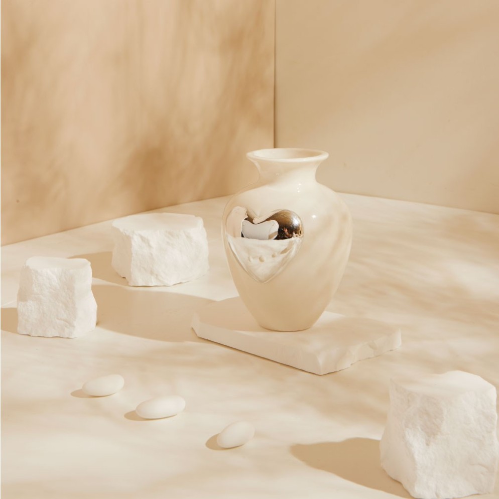 Bomboniera Matrimonio e Anniversario Claraluna 2027 Vaso Portafiori in Ceramica con Cuore Specchiato argento