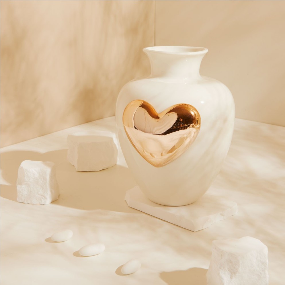 Bomboniera Matrimonio Claraluna 2027 Vaso Portafiori Grande in Ceramica con Cuore Specchiato Oro Gold