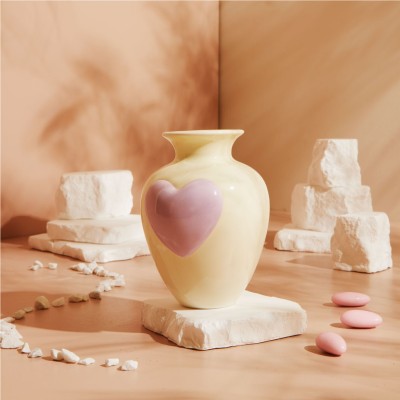 Bomboniera Matrimonio e Comunione Claraluna 2027 Vaso Portafiori in Ceramica Crema con Cuore Lilla