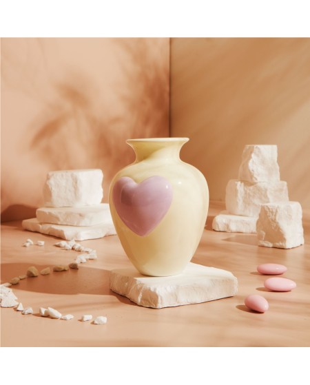 Bomboniera Matrimonio e Comunione Claraluna 2027 Vaso Portafiori in Ceramica Crema con Cuore Lilla