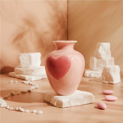 Bomboniera Matrimonio e Comunione Claraluna 2027 Vaso Portafiori in Ceramica Rosa con Cuore Fucsia