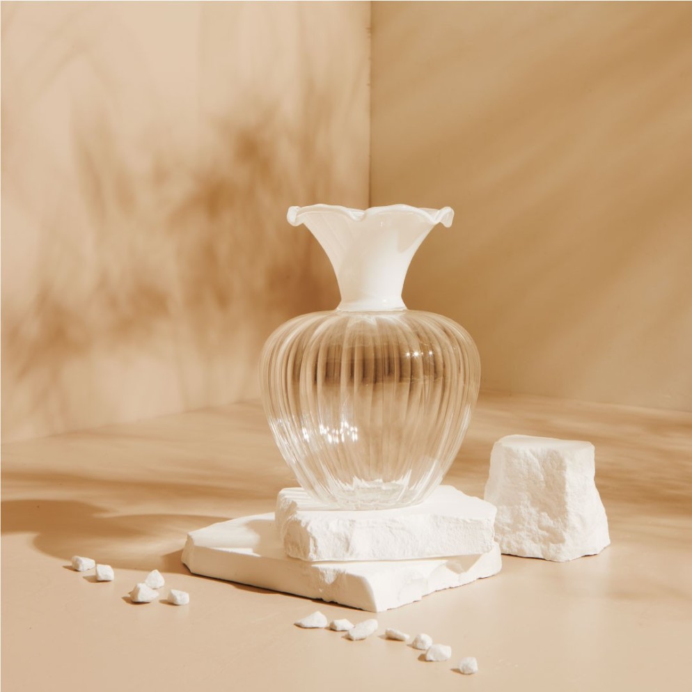 Bomboniera Matrimonio Claraluna 2027 Vaso piccolo Portafiori in Vetro Trasparente e Bordo Bianco
