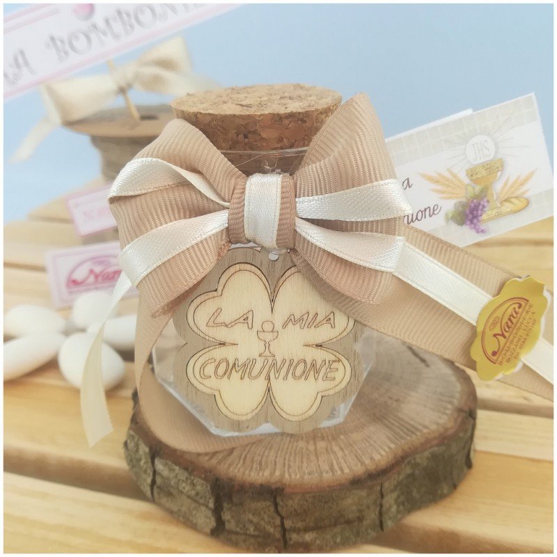 Barattolino in vetro per comunione con quadrifoglio